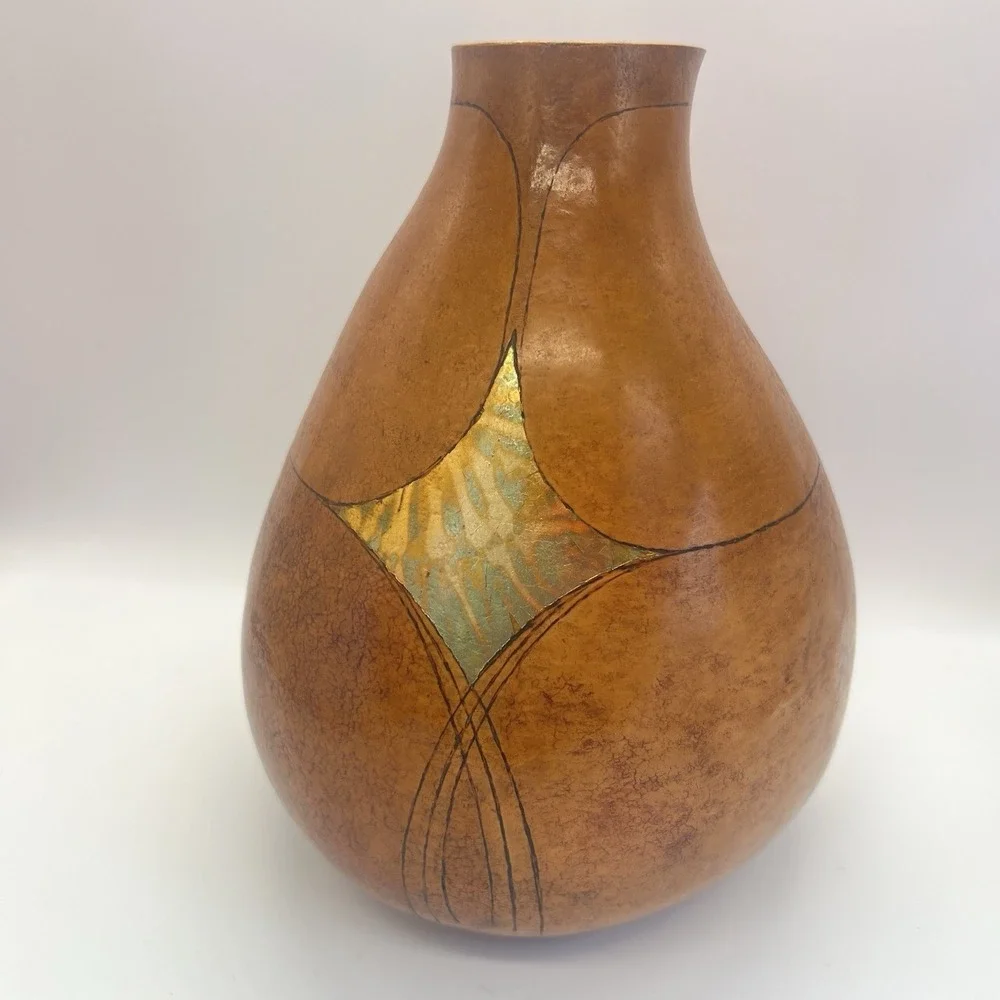 Painted Gourd Artist Signed‎ Gene Zgoda Vase Metallic Look Cincinnati Boho